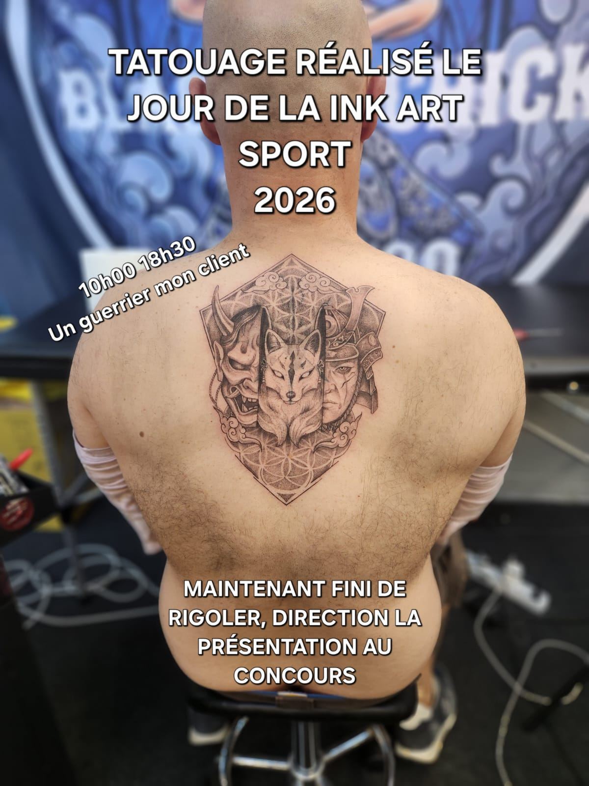 Tatouage terminé en pointillisme sur le dos : masque Hannya, renard kitsune et samouraï sur fleur de vie, réalisé le jour de la convention Ink Art Sport 2026